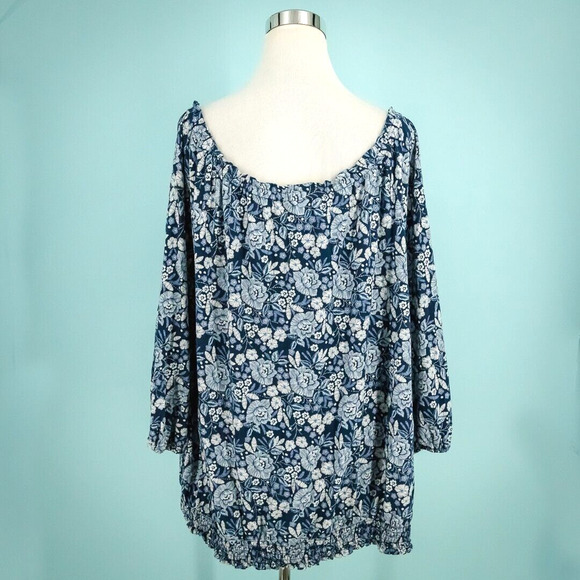 J. Jill Plus Size 4X Blue Floral Print Smocked Off the Shoulder Long Sleeve Top - Picture 3 of 7